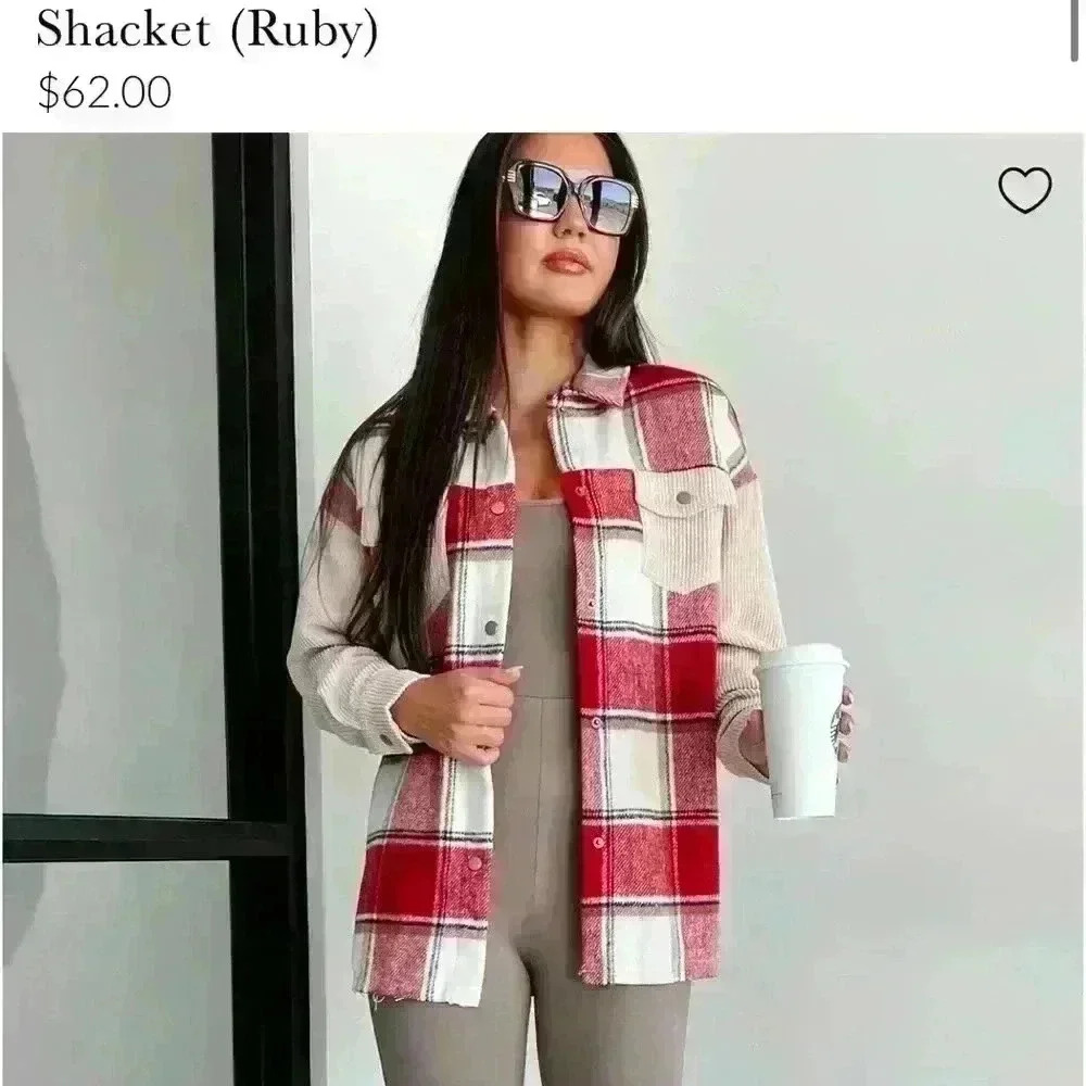 Corduroy Sleeve Plaid Lightweight Shacket - Red and Tan
